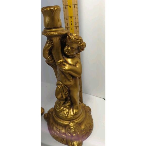 Set Of 2 VTG Gold Cherub Candleholder Candle Stick Chalk ware 13” - Picture 8 of 12